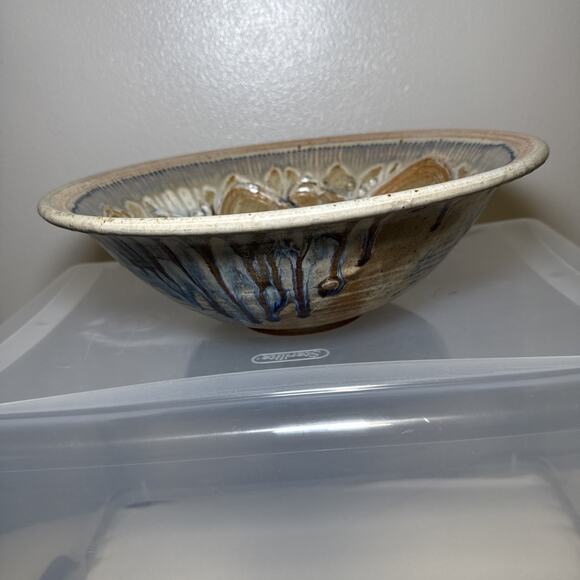 Julie Perry Signed Pottery Large Clay Bowl Tan Blue Glaze Celebrate the Wonder - Picture 5 of 12
